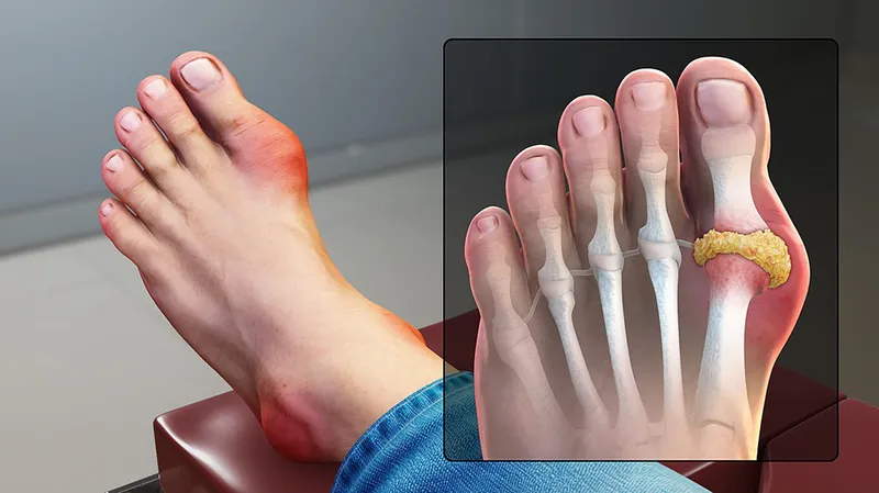 Hình ảnh viêm khớp ngón chân cái - vị trí thường bị ảnh hưởng bởi bệnh gút, liên quan đến câu hỏi liệu bệnh gút có ăn được đậu đen không