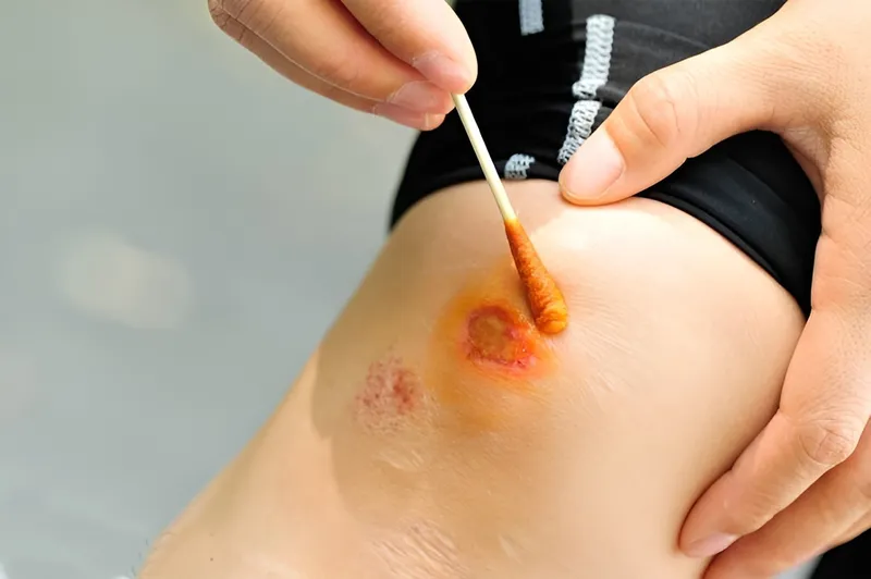 Hình ảnh minh họa các bước vệ sinh và bôi Povidine lên vết thương hở một cách nhẹ nhàng