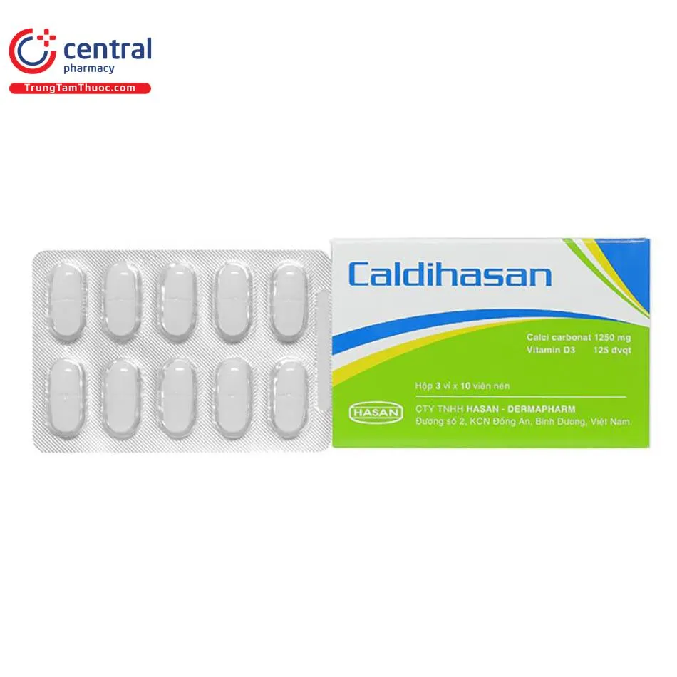 Hộp thuốc Caldihasan 1250mg chứa Calci và Vitamin D3