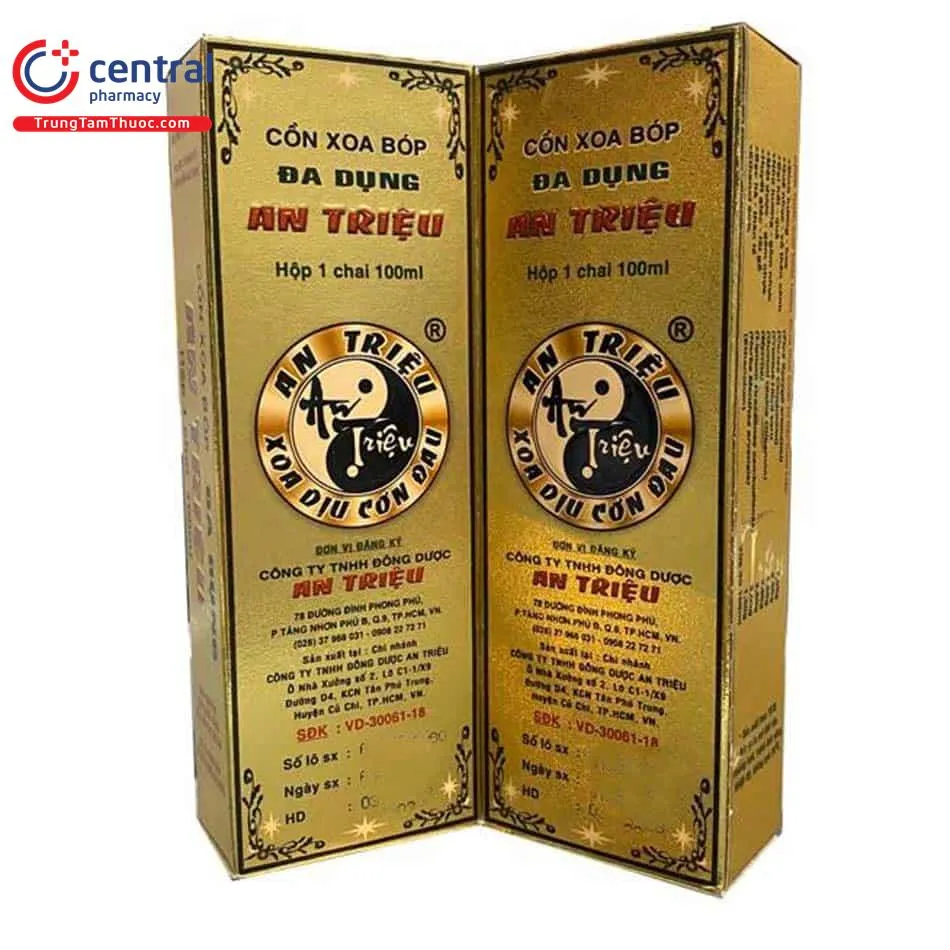Bao bì hộp giấy và chai cồn xoa bóp An Triệu