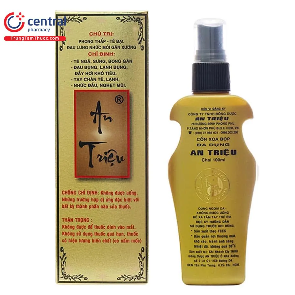Hộp và chai cồn xoa bóp An Triệu 100ml