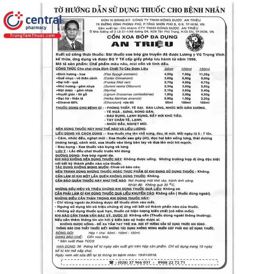 Cồn xoa bóp An Triệu 100ml với thông tin sản phẩm rõ ràng