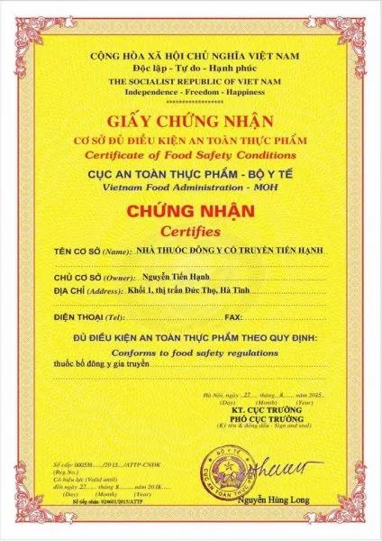 Giấy chứng nhận thứ hai liên quan đến sản phẩm Giảm Cân Tiến Hạnh