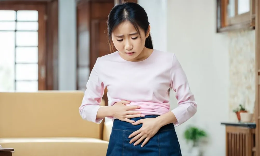 Người phụ nữ ôm bụng dưới, biểu trưng cho tình trạng đau bụng dưới có thể xuất hiện sau quan hệ hoặc do nhiều nguyên nhân khác ở nữ giới.