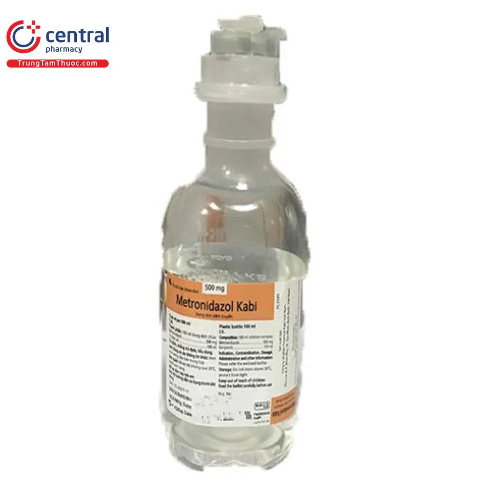 Nhãn chai Metronidazol Kabi 500mg 100ml với thông tin nhà sản xuất