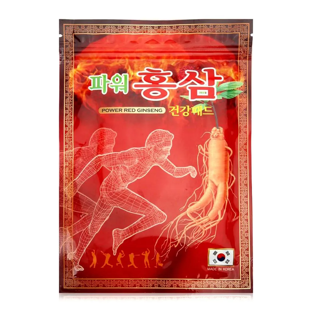 Miếng dán giảm đau với hình ảnh củ sâm, có chữ tiếng Hàn Quốc