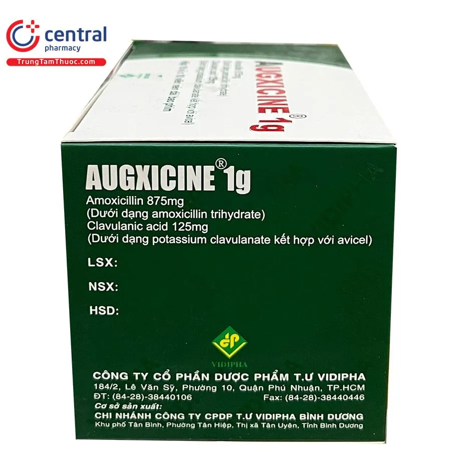 Mặt trước hộp thuốc Augxicine 1g