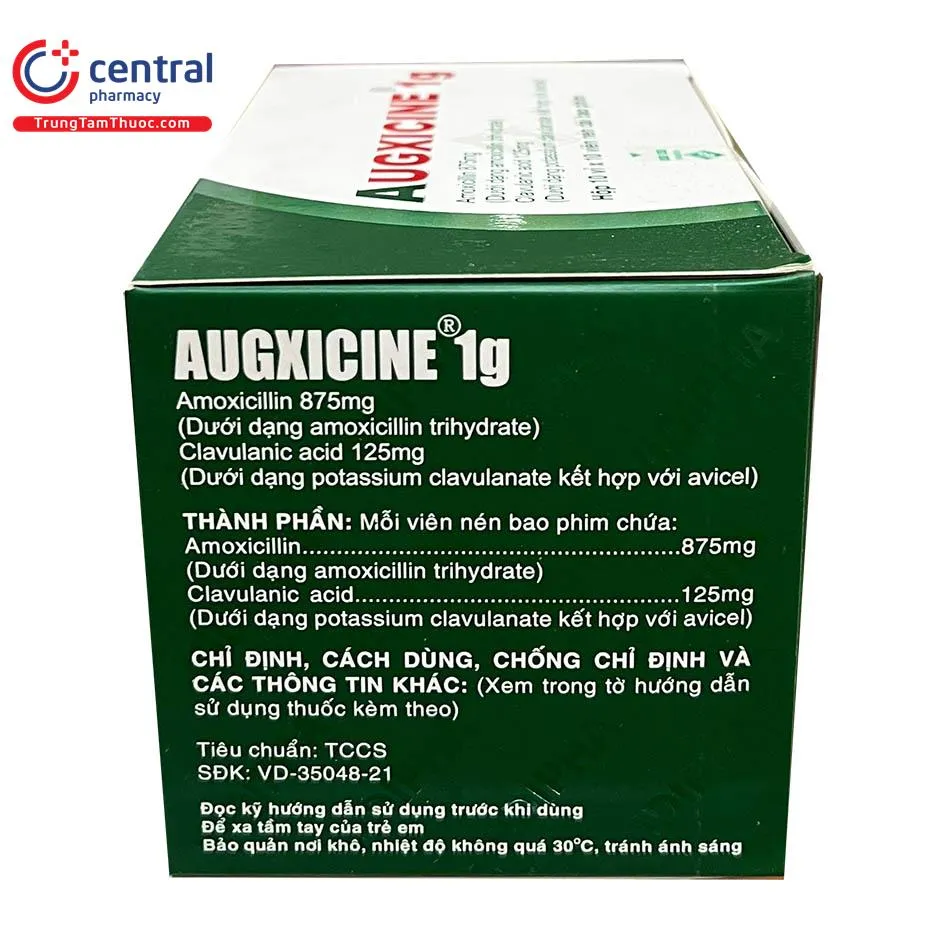 Mặt sau hộp thuốc Augxicine 1g