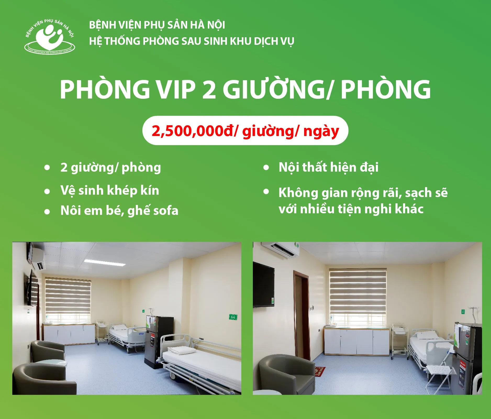 Phòng 2 giường khu dịch vụ tại Bệnh viện Phụ sản Hà Nội Khu D