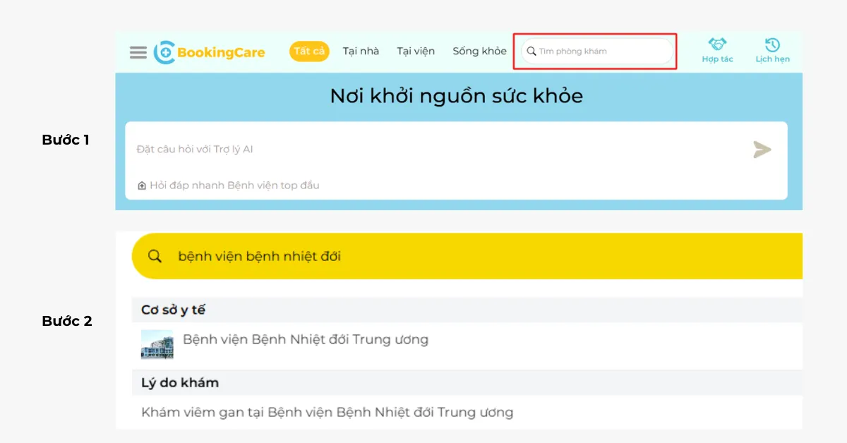 Minh họa bước tìm kiếm Bệnh viện Nhiệt đới Trung ương trên BookingCare để đặt lịch khám online