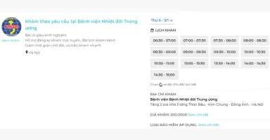 Giao diện chọn bác sĩ và giờ khám khi đặt hẹn tại Bệnh viện Nhiệt đới Trung ương qua BookingCare